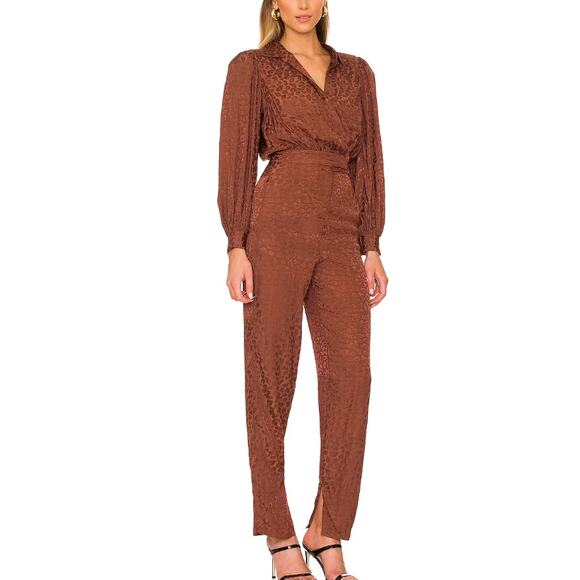 Lovers + Friends Cheyann Satin Jumpsuit Brown SMALL Wrap Split Hem Leopard NEW - Picture 2 of 9
